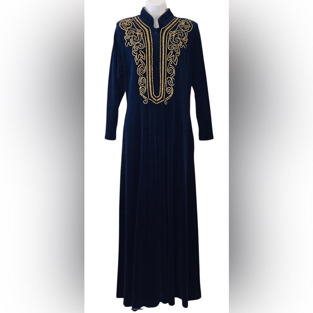 david brown California Dark Blue Velour Hostess Dress House Robe 1970s Medium